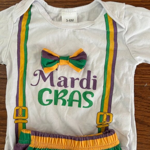 Baby Boy Mardi Gras Set Long Sleeve Bow Bodysuit Pants Hat Size 3-6 Months - Picture 4 of 13
